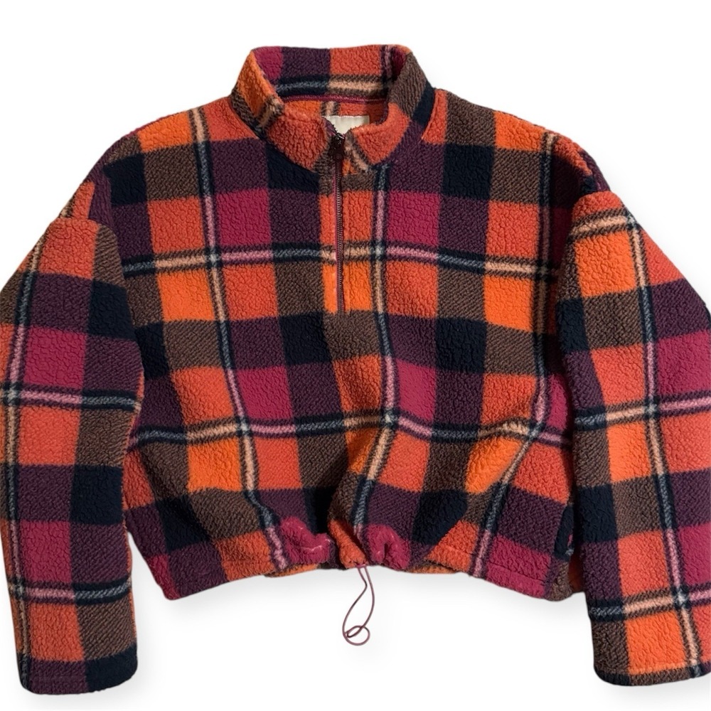 American Eagle Cozy Cropped Oversize Pullover L Quarter Zip Plaid Multicolor AE‎